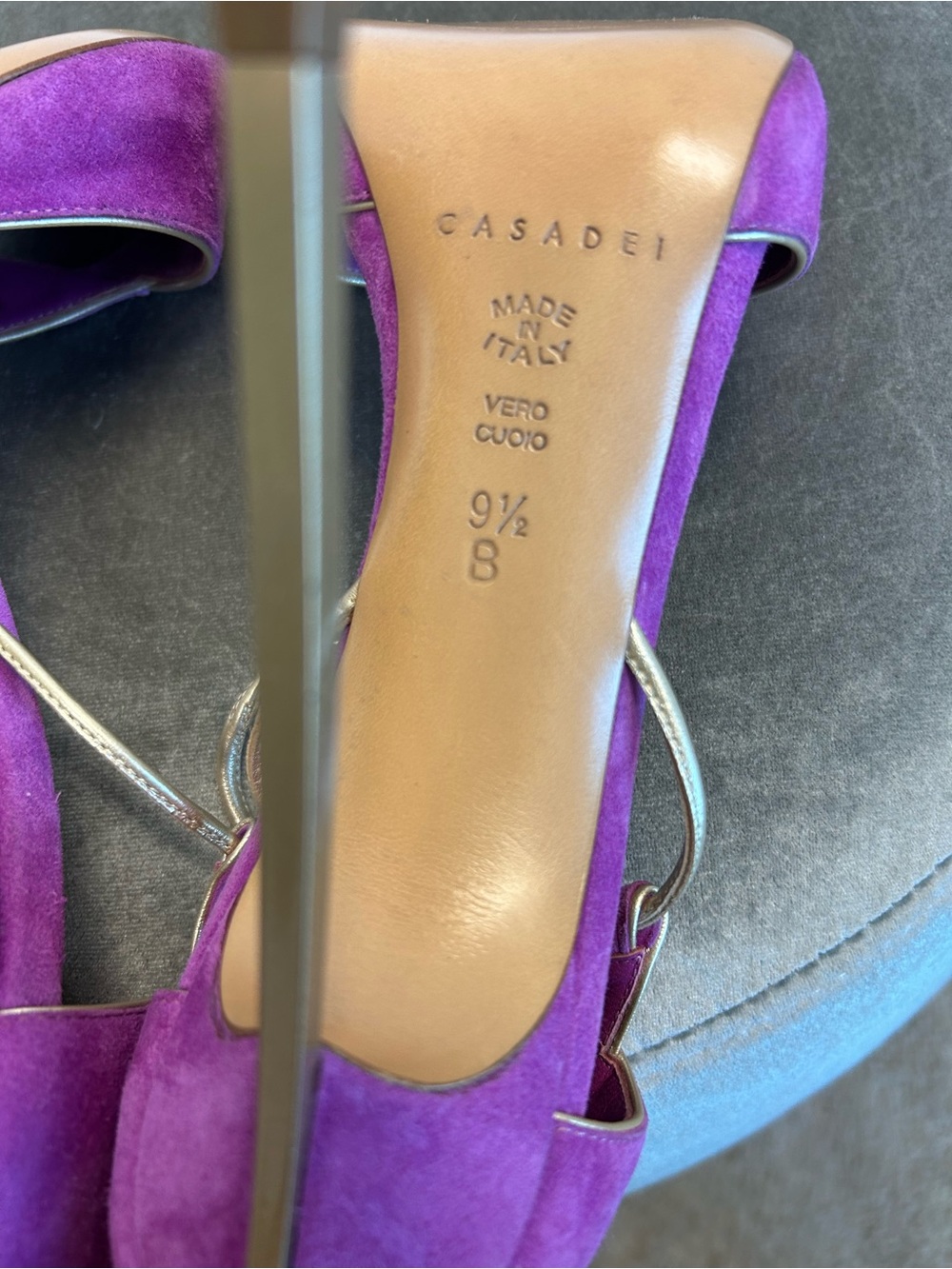 Casadei purple suede Blade high-heeled open toe sandals metallic gold strap 9.5 - Picture 8 of 9